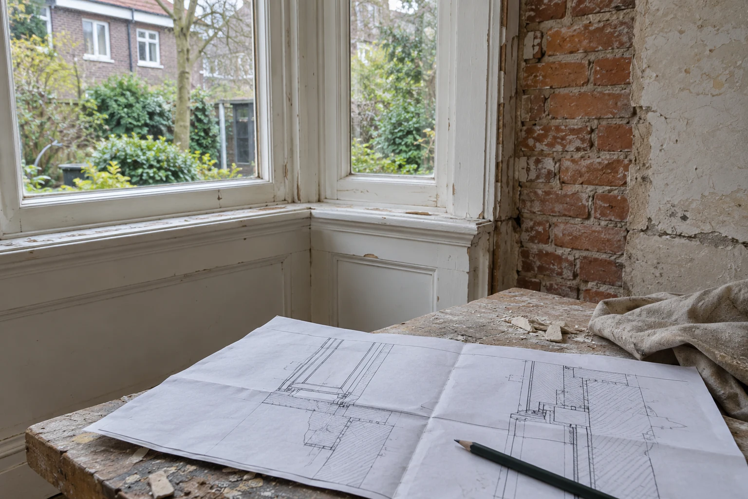 Sfeerbeeld van een detailtekening naast een bestaand houten kozijn en metselwerk