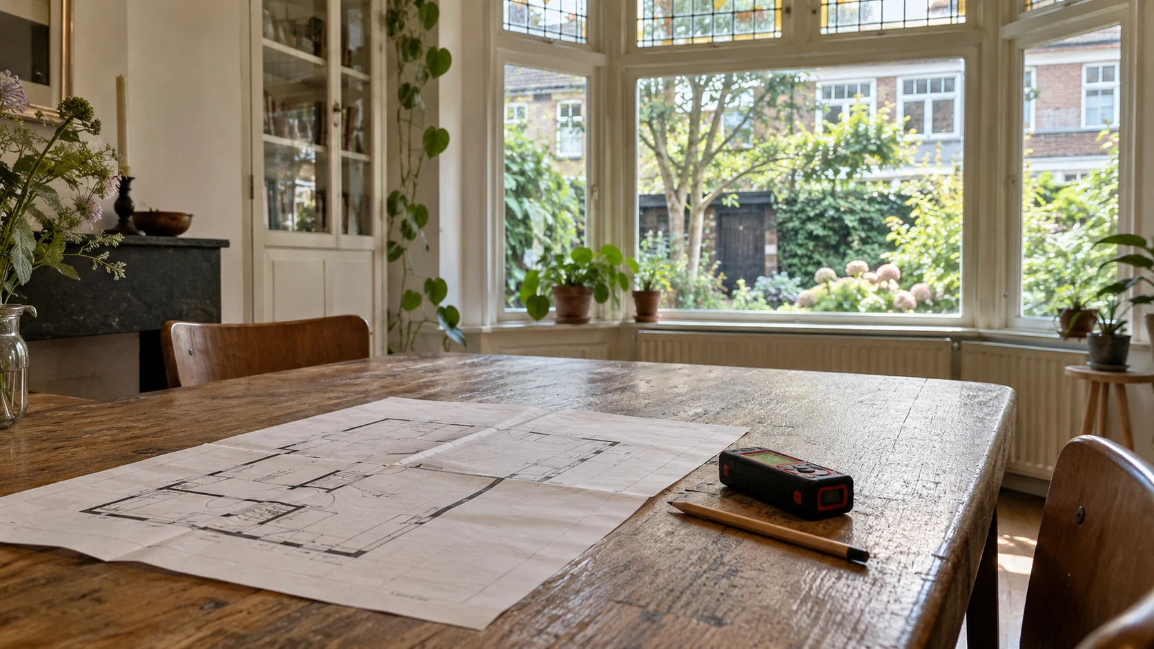 Woningplattegrond, afstandsmeter en potlood op een houten tafel in een jaren-30-interieur